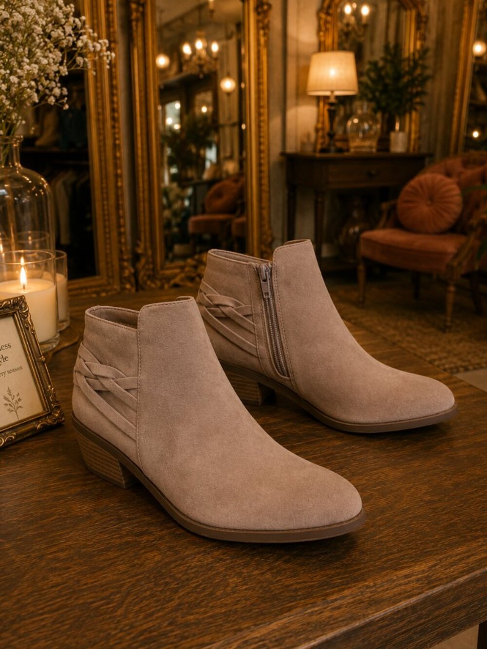 Taupe Pointed Toe Ankle Booties Braided Back